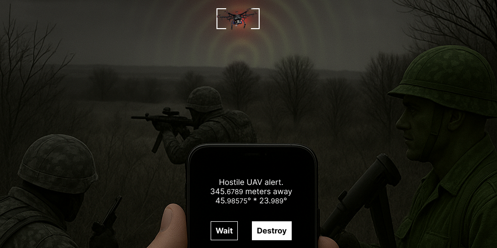 AI-powered hostile UAV alert system displaying drone location on a smartphone in a tactical environment.